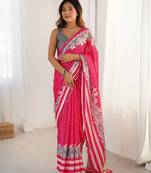 Grey tie and dye mirror work silk blend saree