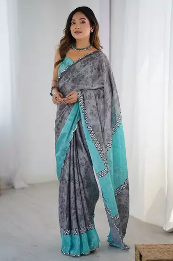 Grey floral printed mirror work saree with unstitched blouse piece
