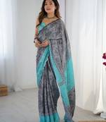 Grey floral printed mirror work saree with unstitched blouse piece