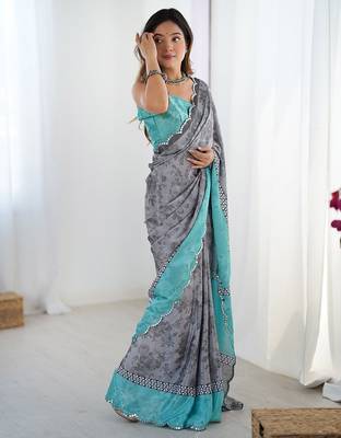 Grey floral printed mirror work saree with unstitched blouse piece 2