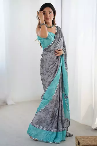 Grey floral printed mirror work saree with unstitched blouse piece