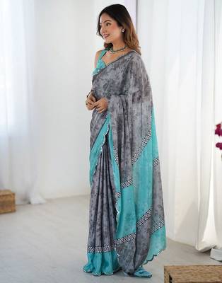 Grey floral printed mirror work saree with unstitched blouse piece 3