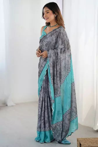 Grey floral printed mirror work saree with unstitched blouse piece