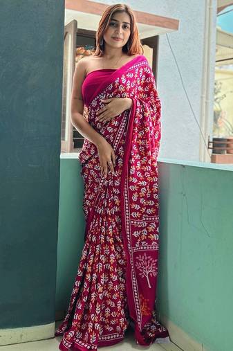 Pink floral printed poly cotton saree
