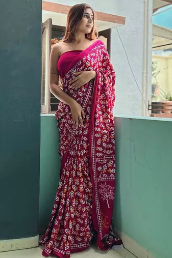 Pink floral printed poly cotton saree