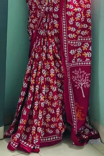 Pink floral printed poly cotton saree