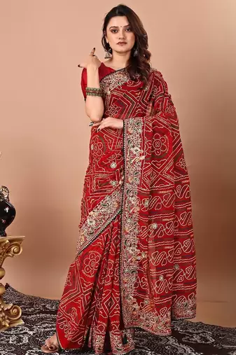 Red bandhani embroidered poly georgette bandhani saree