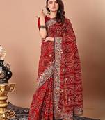 Red bandhani embroidered poly georgette bandhani saree