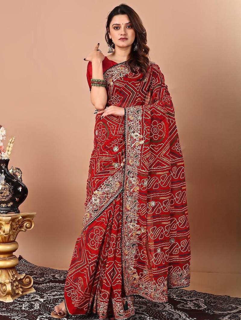 Red bandhani embroidered poly georgette bandhani saree