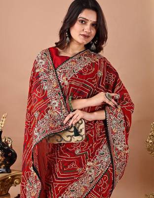 Red bandhani embroidered poly georgette bandhani saree 2