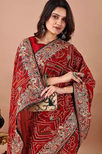 Red bandhani embroidered poly georgette bandhani saree