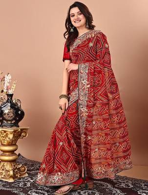 Red bandhani embroidered poly georgette bandhani saree 3
