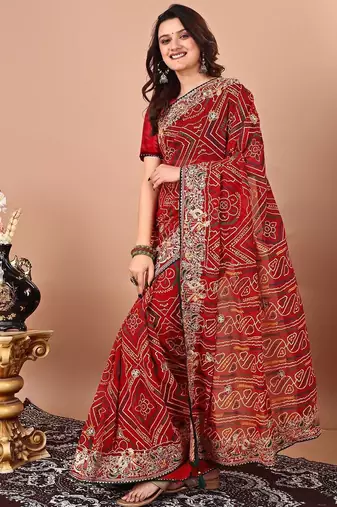 Red bandhani embroidered poly georgette bandhani saree