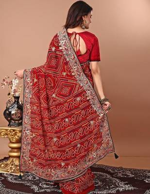 Red bandhani embroidered poly georgette bandhani saree 4