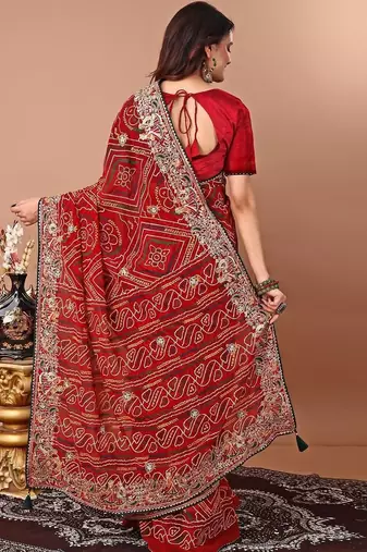 Red bandhani embroidered poly georgette bandhani saree