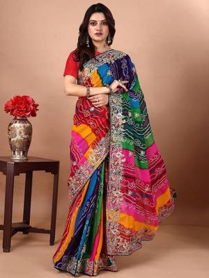 Green bandhani embroidered poly georgette bandhani saree 1