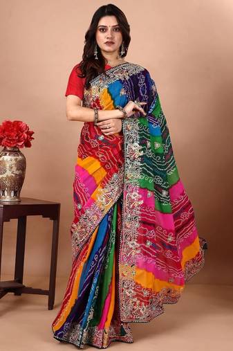 Green bandhani embroidered poly georgette bandhani saree