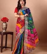 Green bandhani embroidered poly georgette bandhani saree