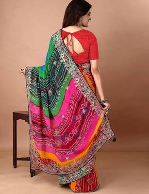 Green bandhani embroidered poly georgette bandhani saree 2