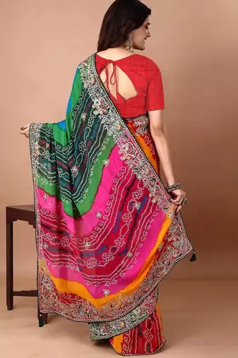 Green bandhani embroidered poly georgette bandhani saree