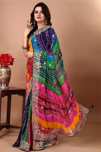 Green bandhani embroidered poly georgette bandhani saree