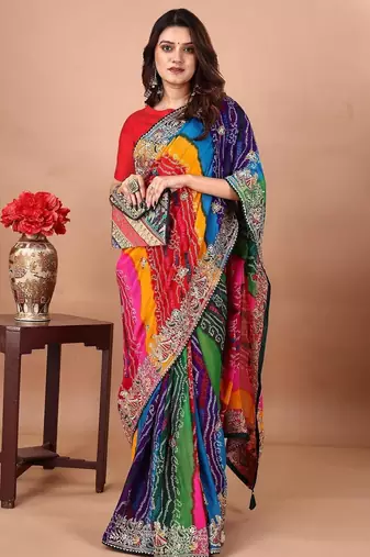 Green bandhani embroidered poly georgette bandhani saree