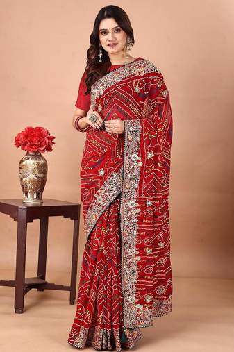 Red bandhani embroidered poly georgette bandhani saree