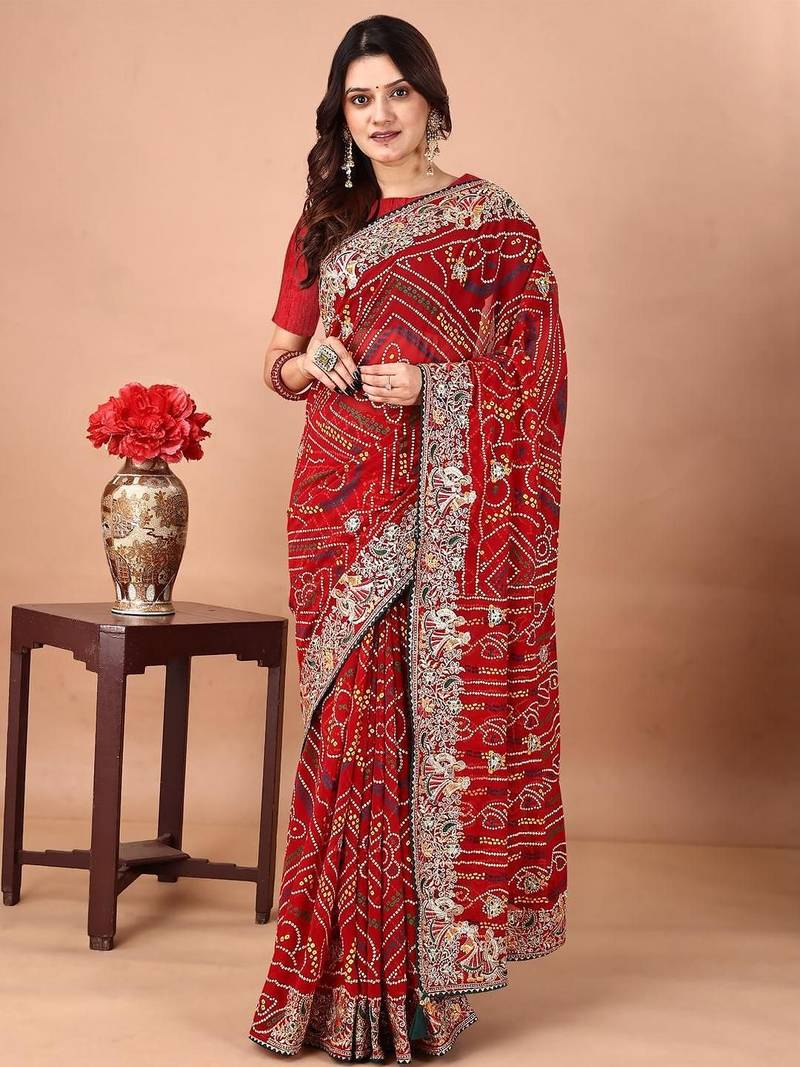 Red bandhani embroidered poly georgette bandhani saree