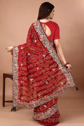 Red bandhani embroidered poly georgette bandhani saree