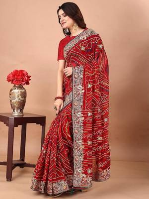 Red bandhani embroidered poly georgette bandhani saree 3