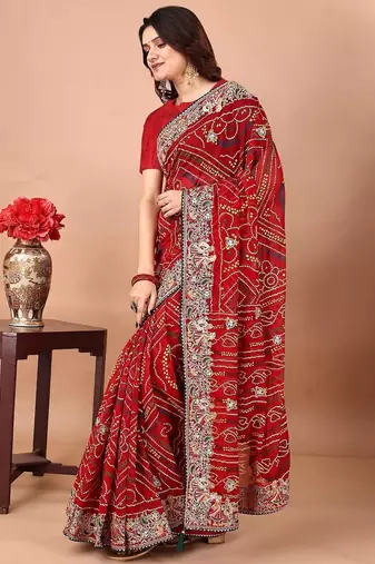 Red bandhani embroidered poly georgette bandhani saree