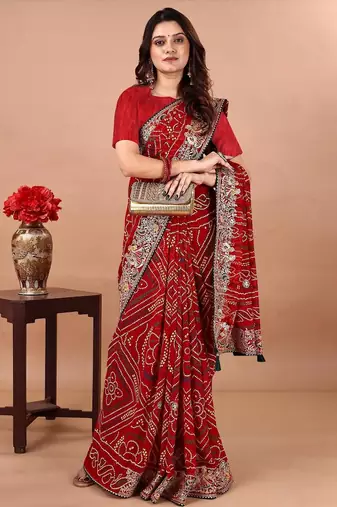 Red bandhani embroidered poly georgette bandhani saree