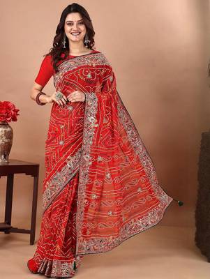Red bandhani embroidered poly georgette bandhani saree 1