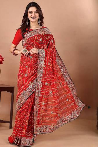 Red bandhani embroidered poly georgette bandhani saree