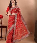 Red bandhani embroidered poly georgette bandhani saree