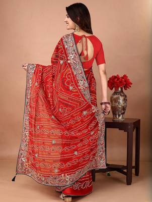 Red bandhani embroidered poly georgette bandhani saree 2