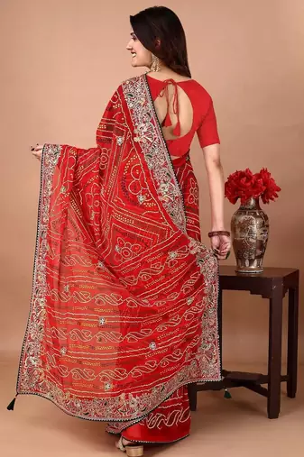 Red bandhani embroidered poly georgette bandhani saree
