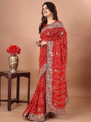 Red bandhani embroidered poly georgette bandhani saree 3