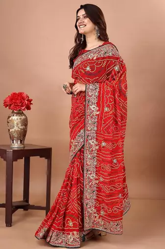 Red bandhani embroidered poly georgette bandhani saree