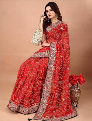 Red bandhani embroidered poly georgette bandhani saree 4
