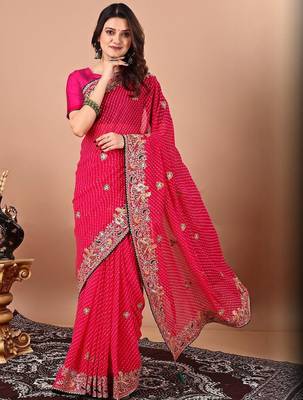 Pink bandhani embroidered sequinned georgette saree 1