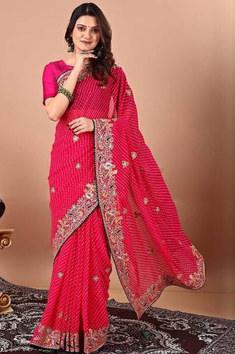 Pink bandhani embroidered sequinned georgette saree