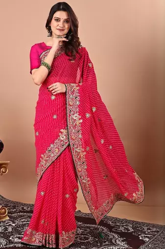 Pink bandhani embroidered sequinned georgette saree
