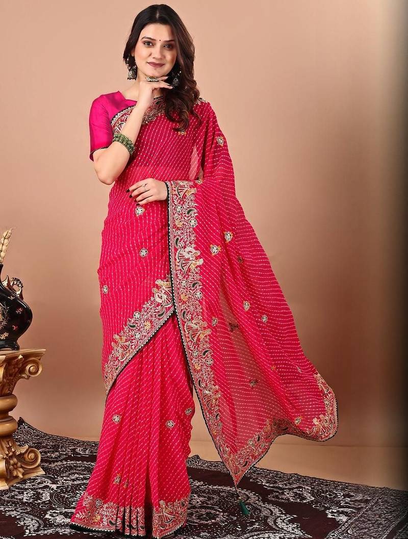 Pink bandhani embroidered sequinned georgette saree