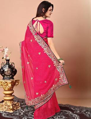 Pink bandhani embroidered sequinned georgette saree 2