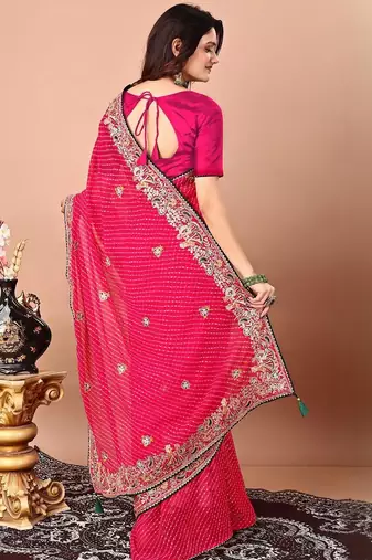 Pink bandhani embroidered sequinned georgette saree