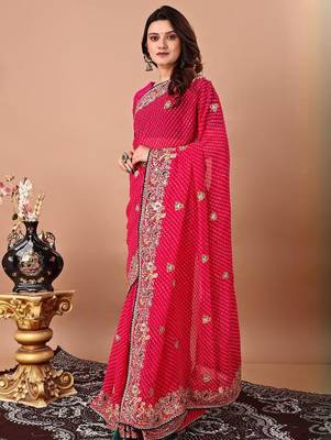 Pink bandhani embroidered sequinned georgette saree 3