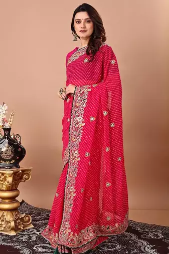 Pink bandhani embroidered sequinned georgette saree