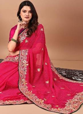 Pink bandhani embroidered sequinned georgette saree 4