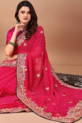 Pink bandhani embroidered sequinned georgette saree